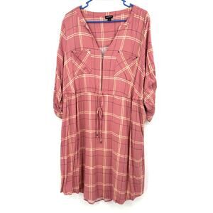 Torrid Size 2 2XL Pink Plaid A‎ Line Dress 3/4 Length Sleeves Drawstring Waist